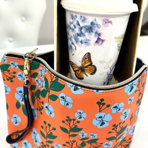 GLAM PACK!! Orange and Blue Floral Cosmetic Bag with Lenox Butterfly Meadow Mug